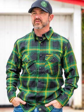 XL Demons Behind Me Green Flannel Shirt Button Up Green Clover Plaid Lucky 2.0